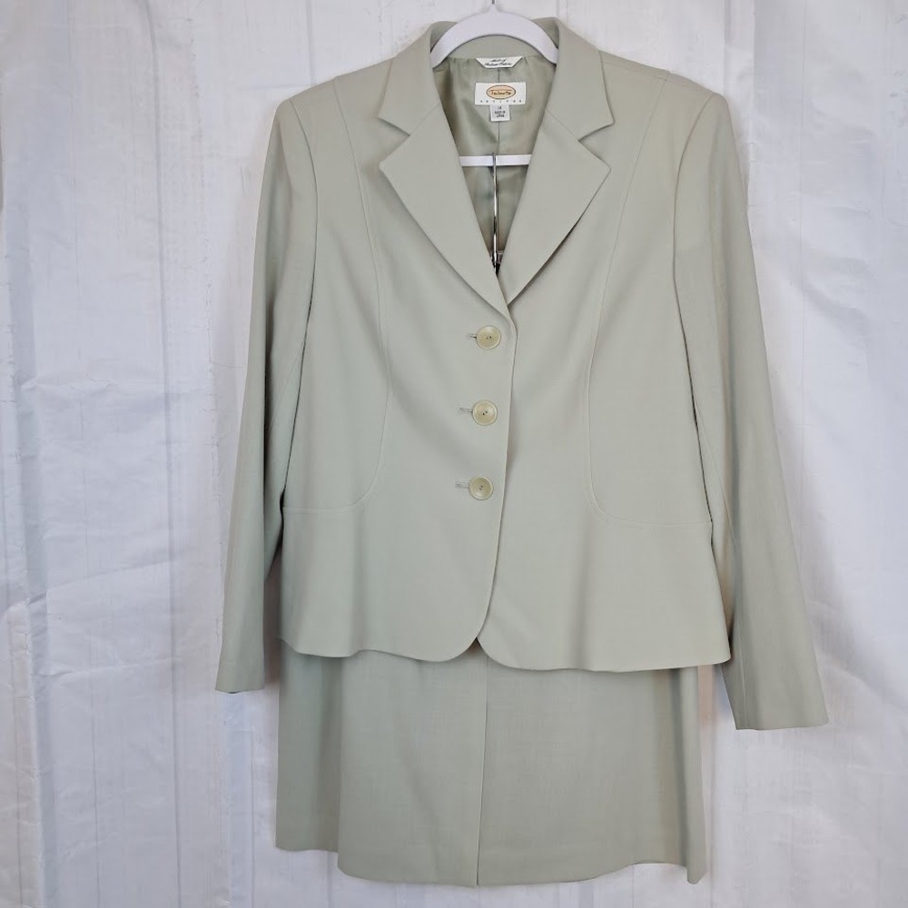 NWT TALBOTS Petites 14 Sage Green 100% Wool Italian Fabric Skirt Suit Set Blazer
